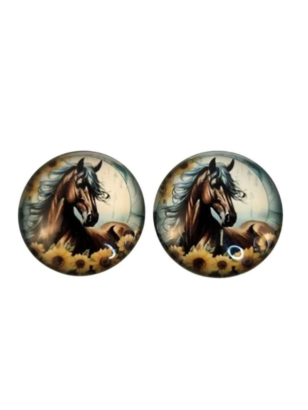 Brown Horse Floral Glass Cabochons 1 Inch Round Set of 2 Craft Supply